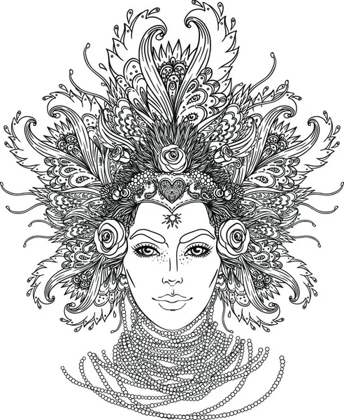 Tribal Fusion Boho Goddess Beautiful Divine Diva Girl Ornate Crown — ストックベクタ