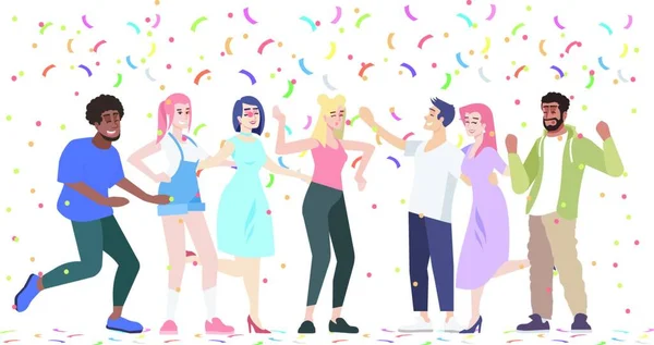Students dancing, having fun vector illustration. Young people, teenagers energetic movements, party event. Music festival, birthday celebration, relax with multicolored paper confetti, ribbons