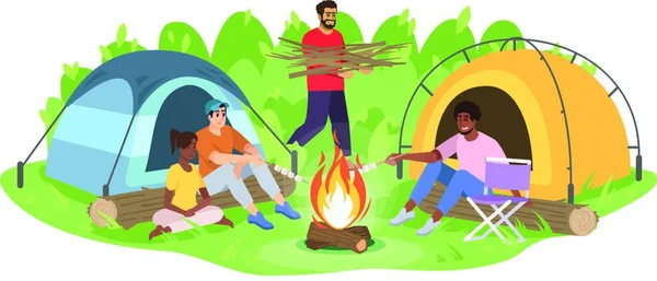 Adventure camping trip flat vector illustration. Happy young campers group cartoon characters. Friends sit around campfire, man carrying firewood. Forest recreation isolated on white background
