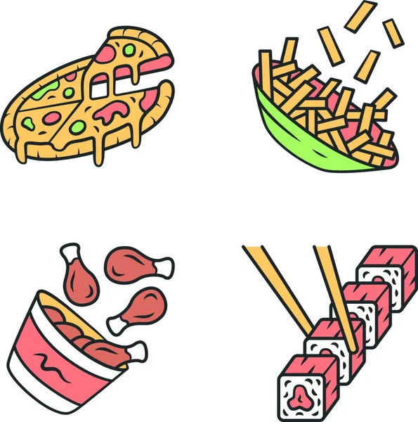 Zestaw Ikon Kolorów Fast Food Pizza Frytki Paluszki Kurczaka Sushi — Wektor stockowy