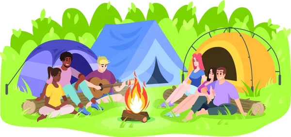 Summer camp recreation flat vector illustration. Young men and women, campers cartoon characters. Friends sit by campfire, playing guitar. Summer vacation, nature rest isolated on white background