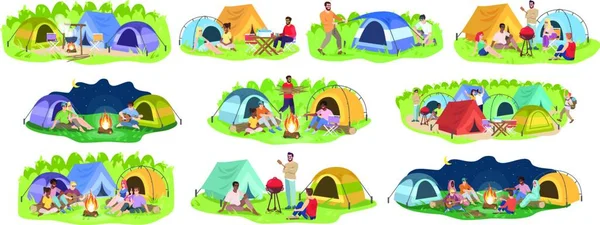 Camping festival flat vector illustrations set. Happy men and women, young campers cartoon characters. Outdoor picnic, seasonal nature recreation. Summer forest rest isolated on white background