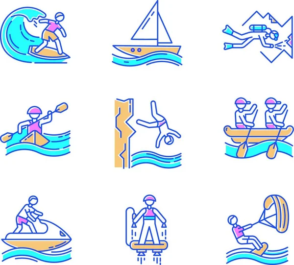 Watersports color icons set. Cave diving, surfing, flyboarding and sailing. Cliff diving, kayaking and windsurfing. Extreme kinds of sports. Summer beach activities. Isolated vector illustrations