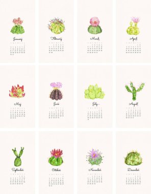 Kaktüslü suluboya takvimi