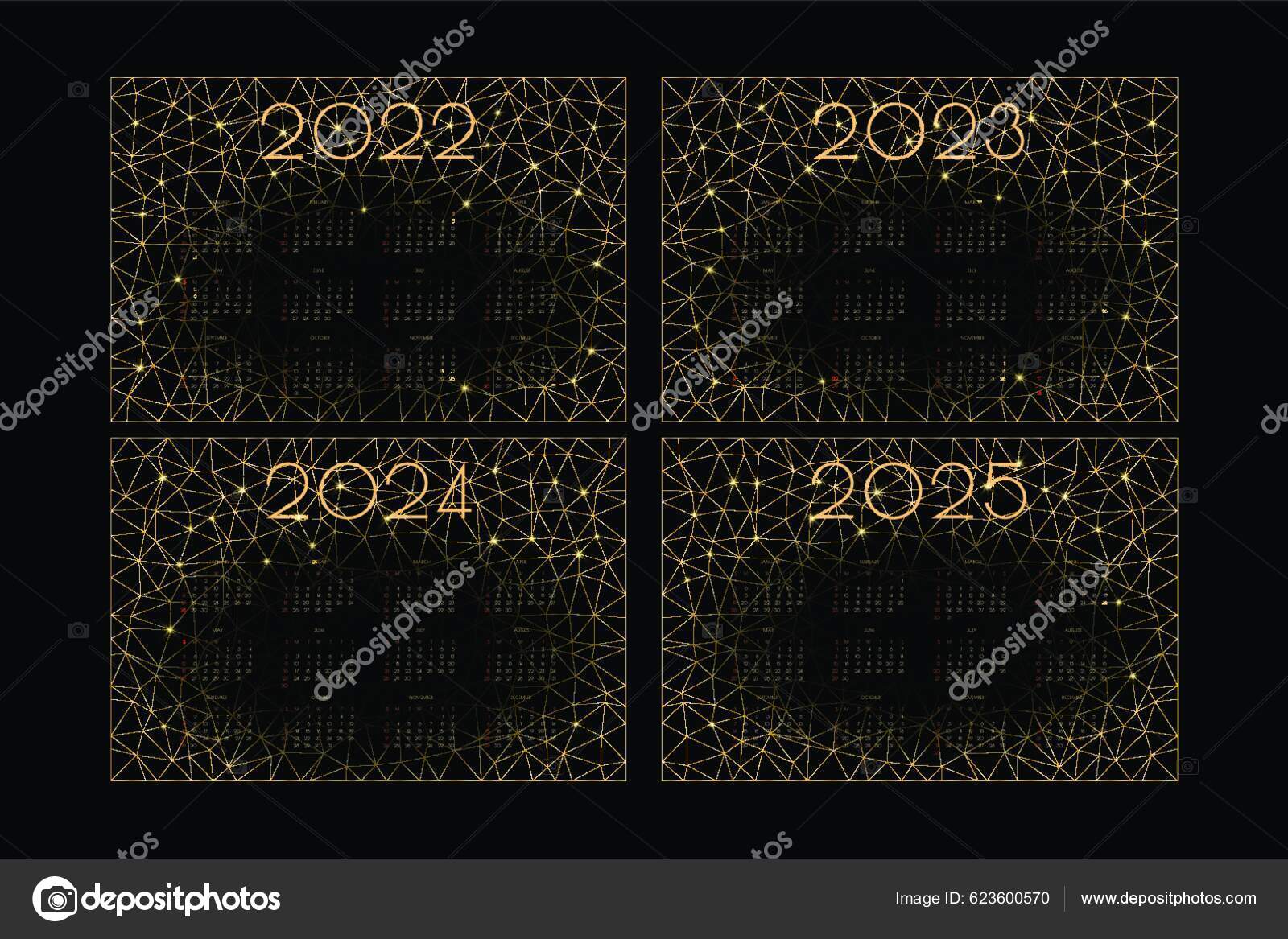 2022 2023 2025 2025 Calendar Luxury Gold Low Poly Mosaic Stock Vector