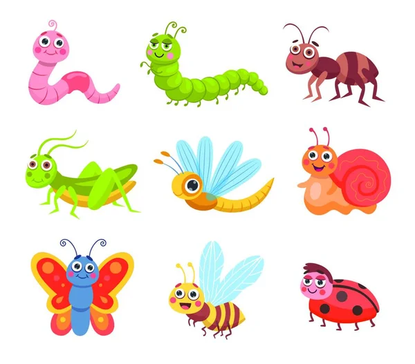 Leuke Cartoon Insecten Set Vector Illustratie — Stockvector