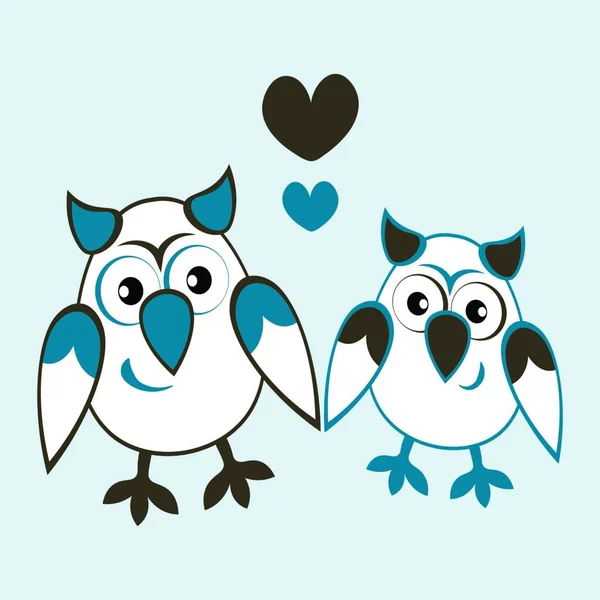 Dua Burung Hantu Jatuh Cinta Dengan Hati Burung Kartun Pastiche - Stok Vektor
