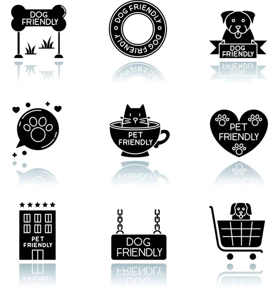 Pet Friendly Emblems Drop Shadow Black Glyph Icons Set Four — Stock Vector