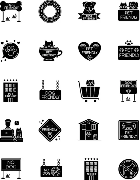 Dog Friendly Pet Signs Black Glyph Icons Set White Space — Stock Vector