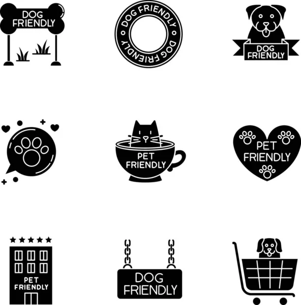 Pet Friendly Emblems Black Glyph Icons Set White Space Four — Stock Vector