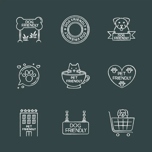 Pet Friendly Emblems Chalk White Icons Set Black Background Four — Stock Vector