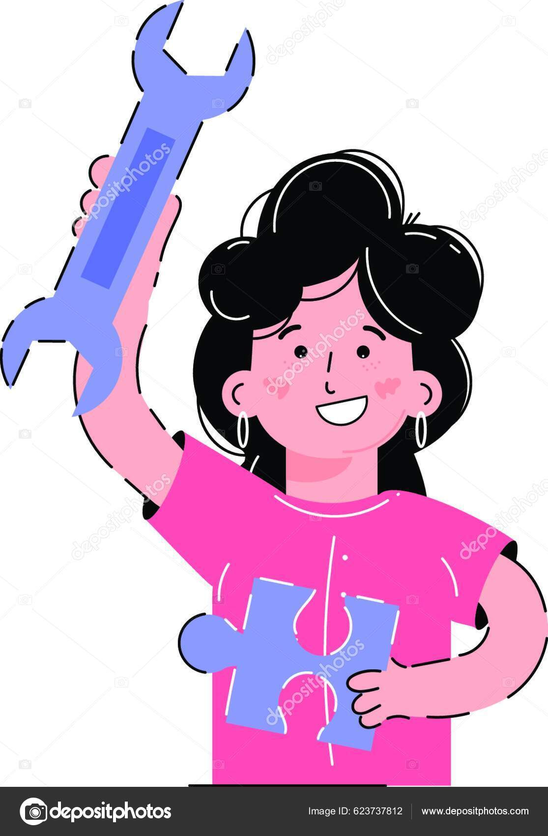 Girl Holds Wrench Puzzle Her Hands Support Concept Isolated White Stock