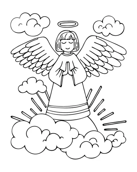 Angel coloring page. Prayer for peace in heavenly heaven. Holy Guardian Angel. Hand drawn vector line drawing. Coloring book for children and adults. Black and white sketch.
