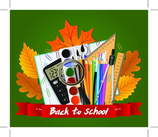 学校的工具 秋天的落叶和红丝带以题字 矢量图像 — 图库矢量图片