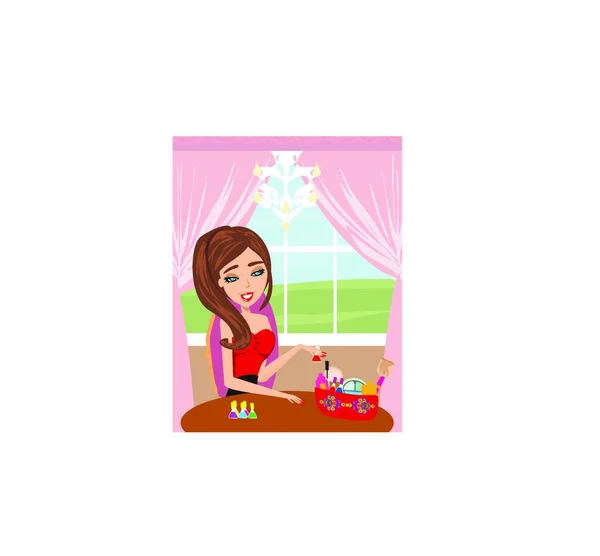 Girl Painting Nails Flat Icon Vector Illustration — Stock Vector