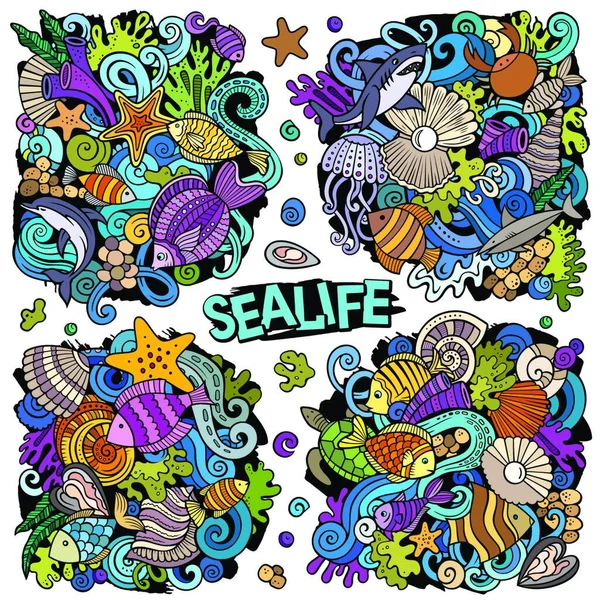 海の生活の漫画ベクトルのドアのデザインセット — ストックベクタ