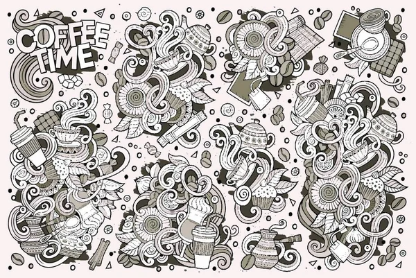 Vector Doodle Cartoon Set Van Thee Koffie — Stockvector