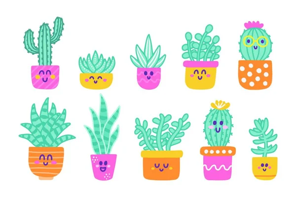 Conjunto De Plantas De Cactos Desenhadas À Mão Em Um Estilo De