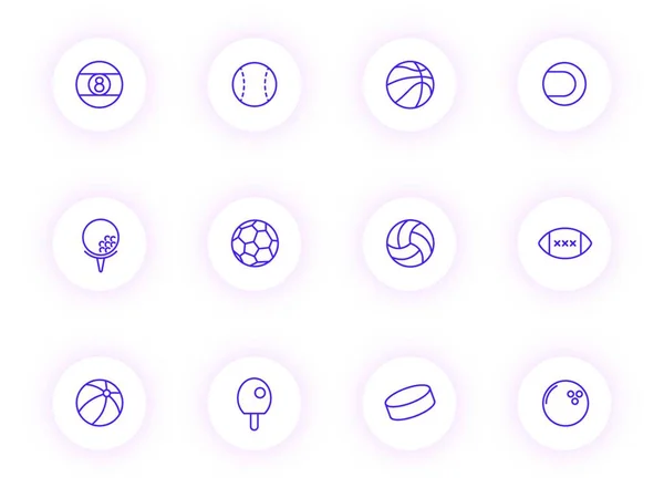 sport balls purple color outline vector icons on light round buttons with purple shadow. sport balls icon set for web, mobile apps, ui design and print