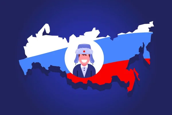 ロシアの地図この国の典型的な人物のアイコンを持つロシアの地図 頭に耳フラップが付いているキャップ — ストックベクタ