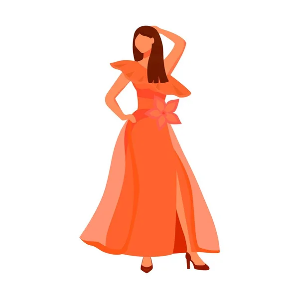 Ποζάρω Γυναίκα Φορώντας Κυματιστό Maxi Φόρεμα Ημι Επίπεδο Χρώμα Διάνυσμα — Διανυσματικό Αρχείο