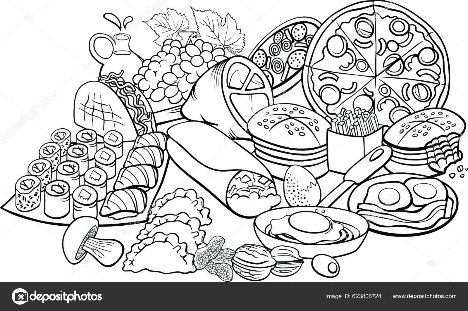 Desenho de colorir desenhos animados de comida desenhada à mão