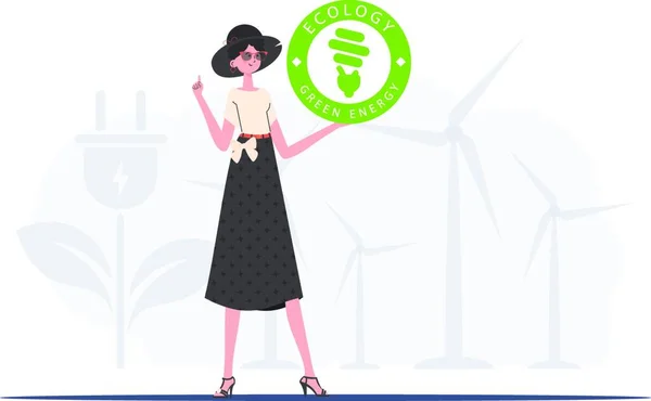 Concept Ecology Green Energy Woman Holding Eco Logo Her Hands — Διανυσματικό Αρχείο