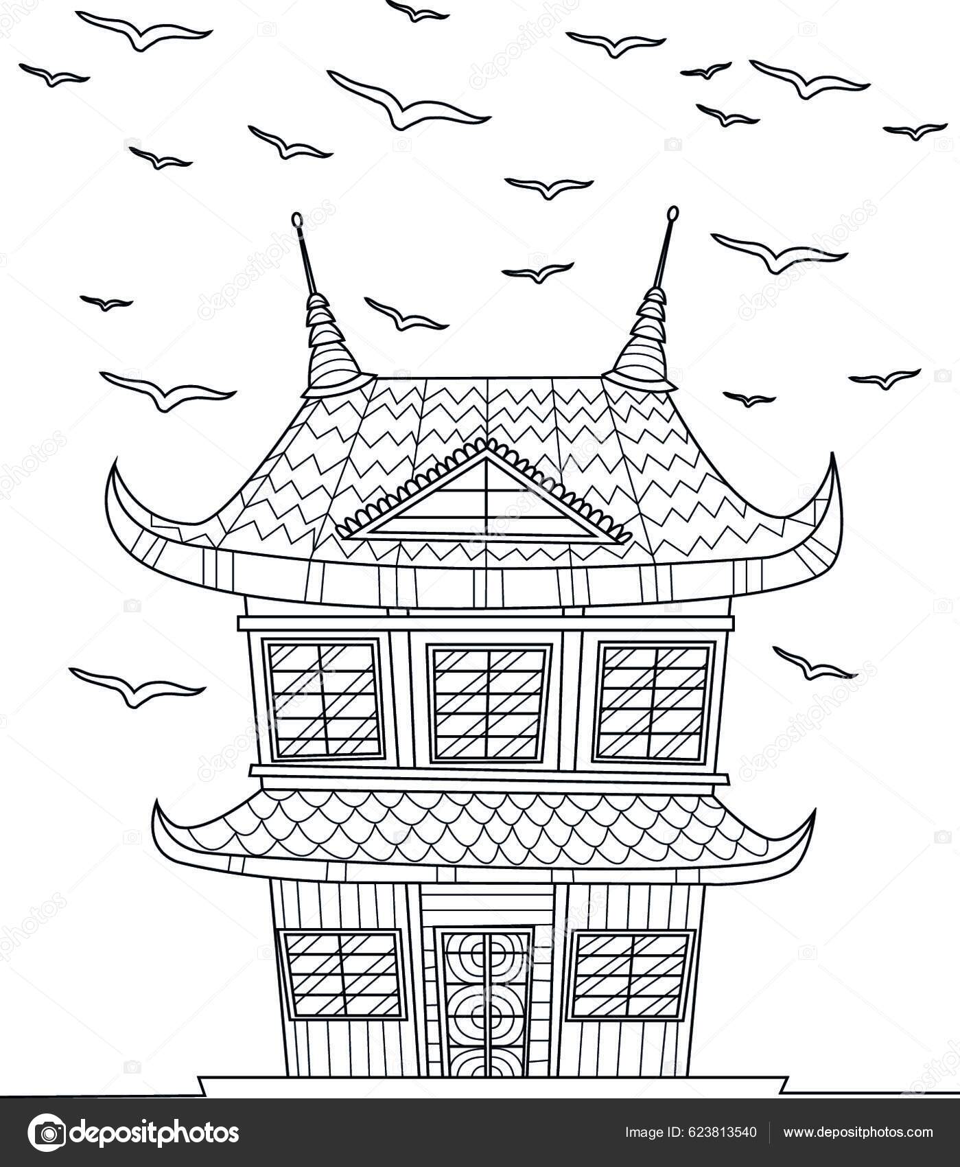 Coloring Book Traditional Japanese House Birds Sky Sheet Colored Home