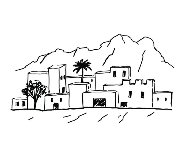Paisagem Com Cidade Velha Arábia Saudita Jordânia Montanha Desenho Lápis — Vetor de Stock