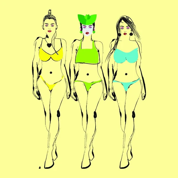 Dibujo Mano Libre Tres Hermosas Mujeres Bikinis — Vector de stock