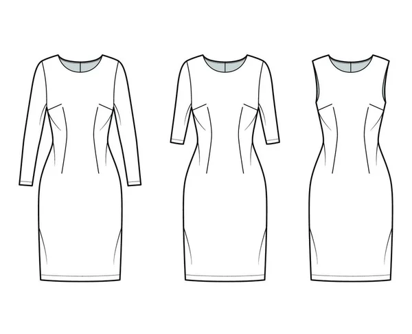 Set Dresses Sheath Technical Fashion Illustration Long Elbow Short Sleeves — 图库矢量图片