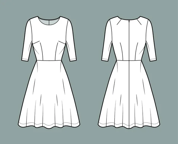 Сукня Збільшеним Ковзанням Технічна Модна Ілюстрація Ліктями Встановленим Тілом Напівкруглою — стоковий вектор