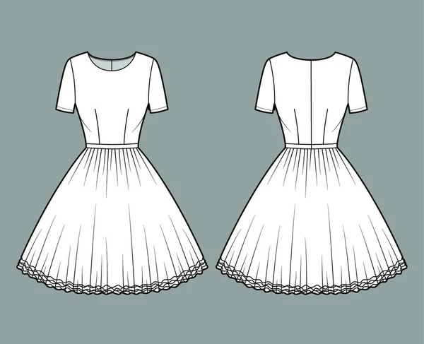フィットボディ 膝丈の円形スカートとチュチュ技術的なファッションイラストをドレスアップ 平バレエ — ストックベクタ