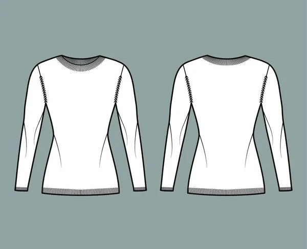 领子汗衫技术时尚插图与长袖 苗条的适合 髋部长度 针织肋骨修剪 平面跳投 — 图库矢量图片