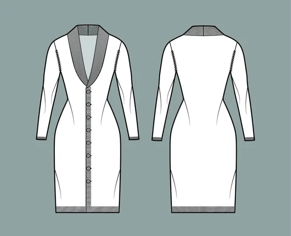 卡迪根长袖 针织装饰 闭合的卡迪根连衣裙领衫技术时尚图例 — 图库矢量图片