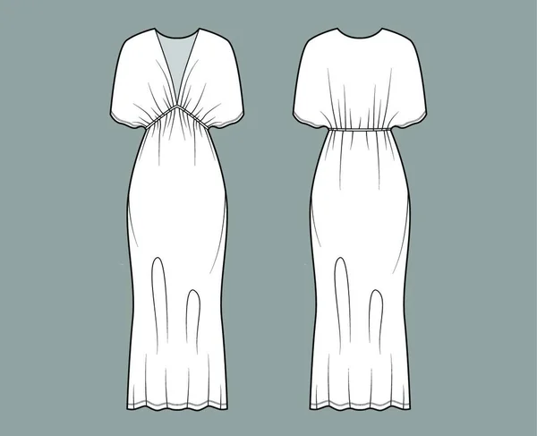 Сукня Kaftan Технічна Модна Ілюстрація Глибоким Подібним Вирізом Рукавами Ванн — стоковий вектор