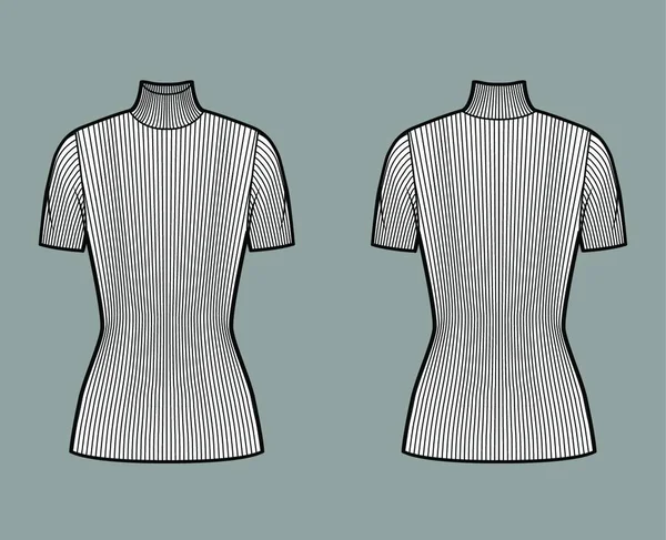 圆领肋针织毛衣技术时尚图例 短肋袖子 紧身型 束腰长 — 图库矢量图片