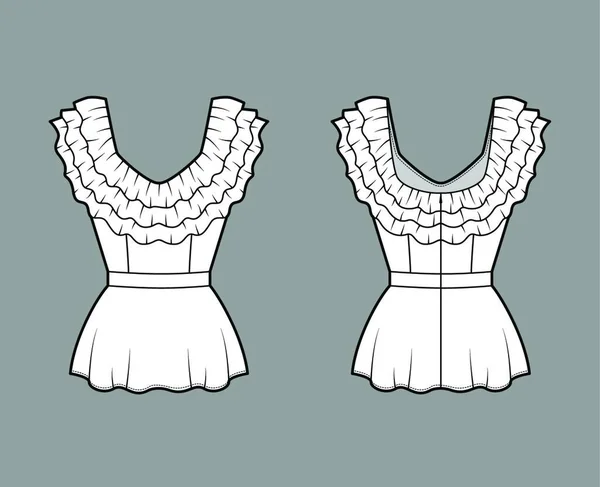 Плюшева Блузка Технічна Модна Ілюстрація Трьома Шарами Рюшів Вздовж Діамантового — стоковий вектор