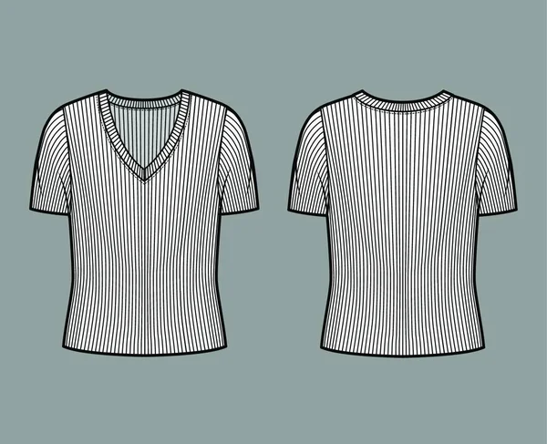 带肋V领针织毛衣技术时尚图例 短肋袖子 超大体形 — 图库矢量图片