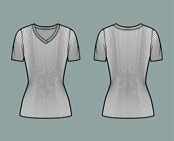 带肋V领针织毛衣技术时尚图例 短肋袖子 紧凑型 束腰长 — 图库矢量图片