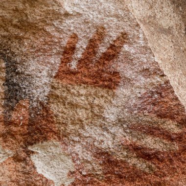 Three finger hand. Cave of Hands, Patagonia Argentina. Ancient rock art.