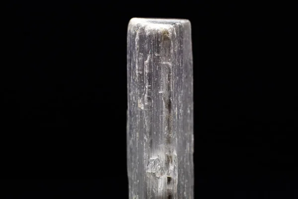 黒の背景表面に孤立した白色半透明なセリン石 サテンのスパー鉱物 石膏の結晶マクロ — ストック写真