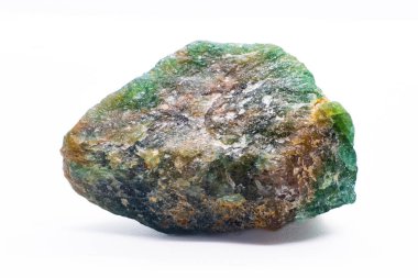 Raw uncut macro-focused Deep green Aventurine, green quartz crystal chunk isolated on a white surface background