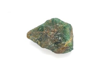 Raw uncut macro-focused Deep green Aventurine, green quartz crystal chunk isolated on a white surface background