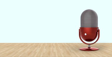 Table microphone in red color for Podcast on a wooden table and light blue background. Panoramic image. 3D rendering.
