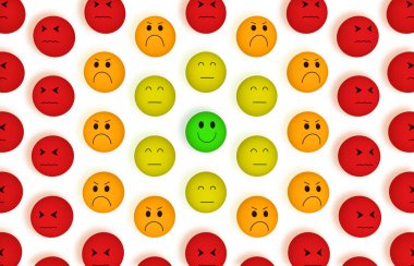 Set of emoji emoticons with sad, happy, angry and disheartened mood, customer service rating, satisfaction survey, customer experience, excellent services rating concept. 3D rendering.