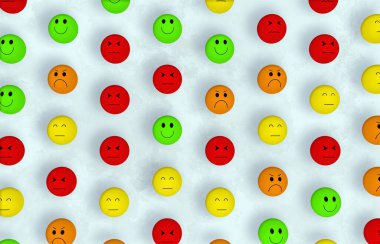 Set of emoji emoticons with sad, happy, angry and disheartened mood, customer service rating, satisfaction survey, customer experience, excellent services rating concept. 3D rendering.