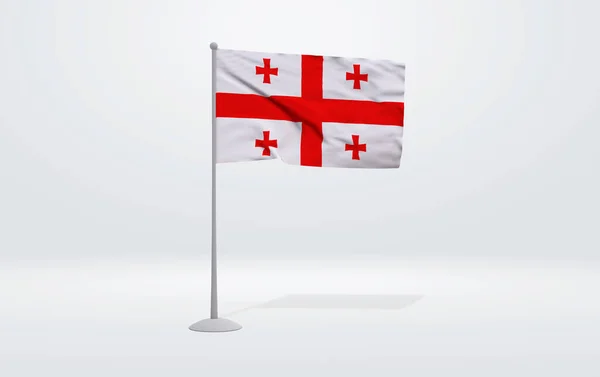 3D illustration of a Georgian flag extended on a flagpole and a studio backdrop in the background.