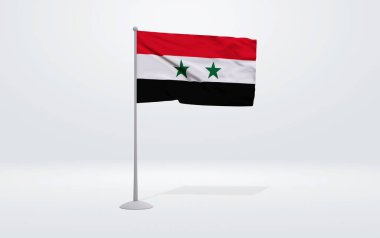 Arkaplanda bir bayrak direğine ve bir stüdyo arkaplanına Suriye bayrağının 3 boyutlu çizimi.