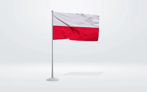 3D illustration of a Polish flag extended on a flagpole and a studio backdrop in the background.